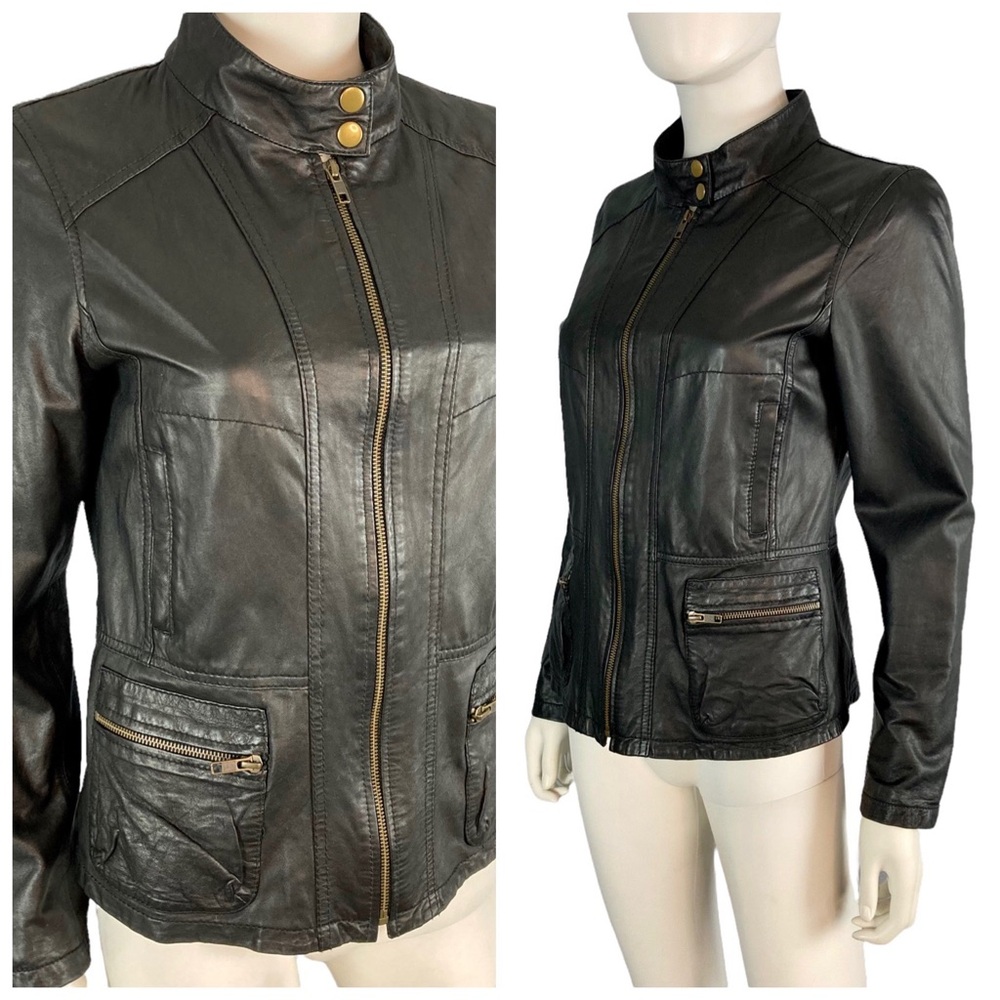 Rezrekshn by Ester Chen black genuine leather biker zip moto cafe biker jacket